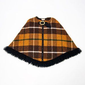 60s brown plaid wool fringe poncho osfm one size fits most / oversized poncho /